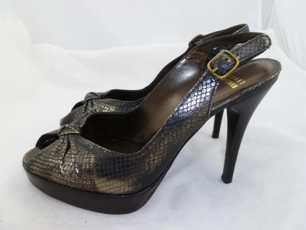 STUART WEITZMAN KARNIVAL 8.5 USED SNAKE BRONZE LEATHER BOW HEELS/PUMPS/STILETTO
